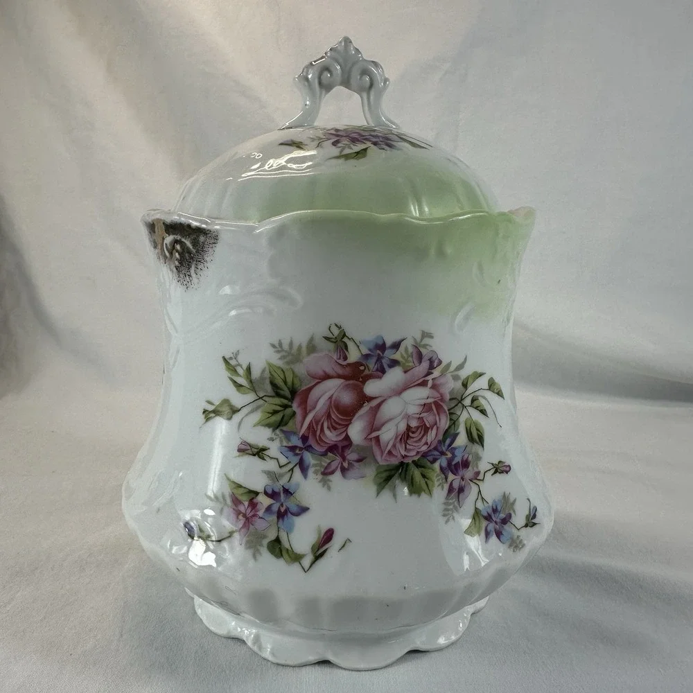 Antique Victorian Porcelain Biscuit Jar - Pink Roses & Violets - Green Ombre